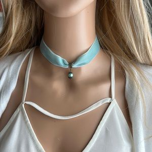 Light Blue Velvet Choker with Faux Pearl Beads and Aged Metal VINTAGE VIBES!